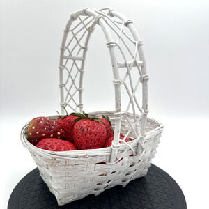 Vintage White Wicker Basket w/Plastic Strawberries